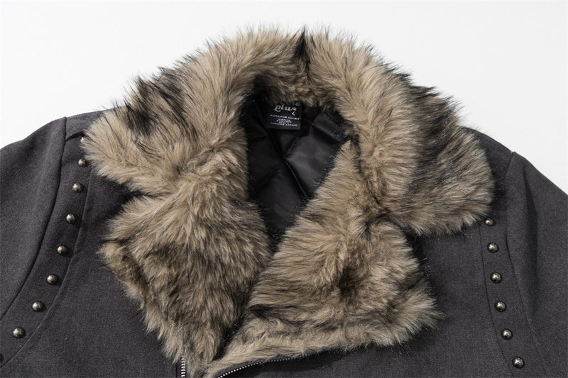 Veste moto homme à col en fausse fourrure – Zip diagonal, détails cloutés, gris anthracite