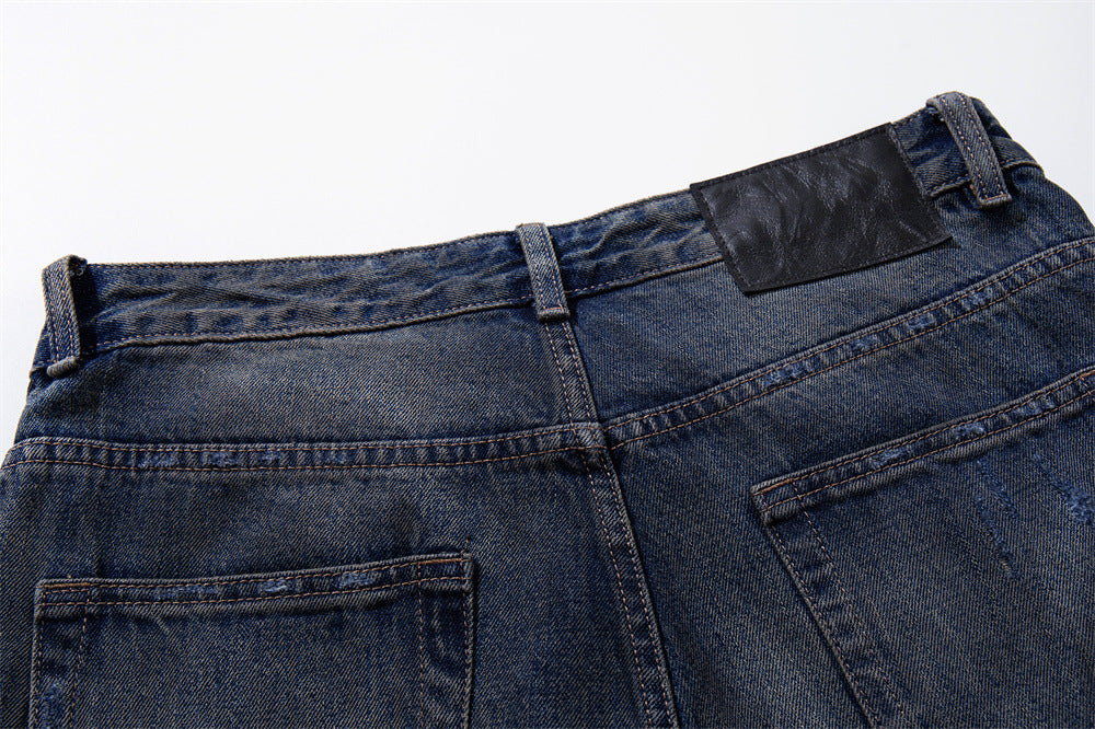 Wide-Leg Ripped Jeans – Vintage Washed Distressed Denim with Studded Patches