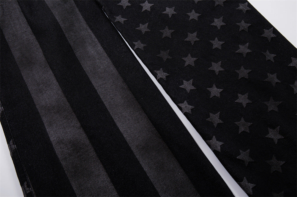 Wide-Leg Jeans with Stars & Stripes Print – Distressed Black Denim