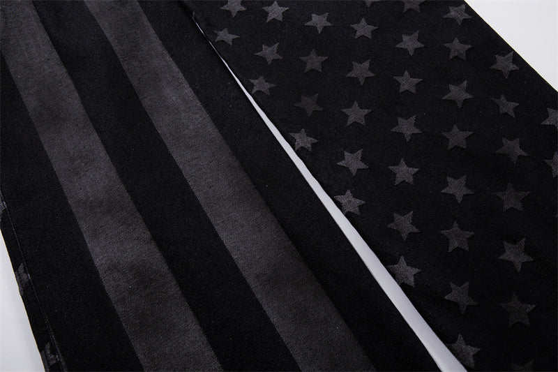 Wide-Leg Jeans with Stars & Stripes Print – Distressed Black Denim