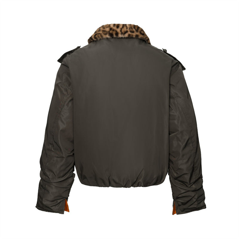 Men's Double-Breasted Padded Jacket with Leopard Faux-Fur Collar