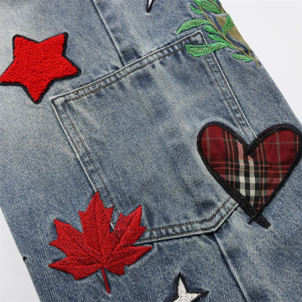 Wide-Leg Jeans with Embroidered Patches – Stars, Butterflies & Roses on Washed
