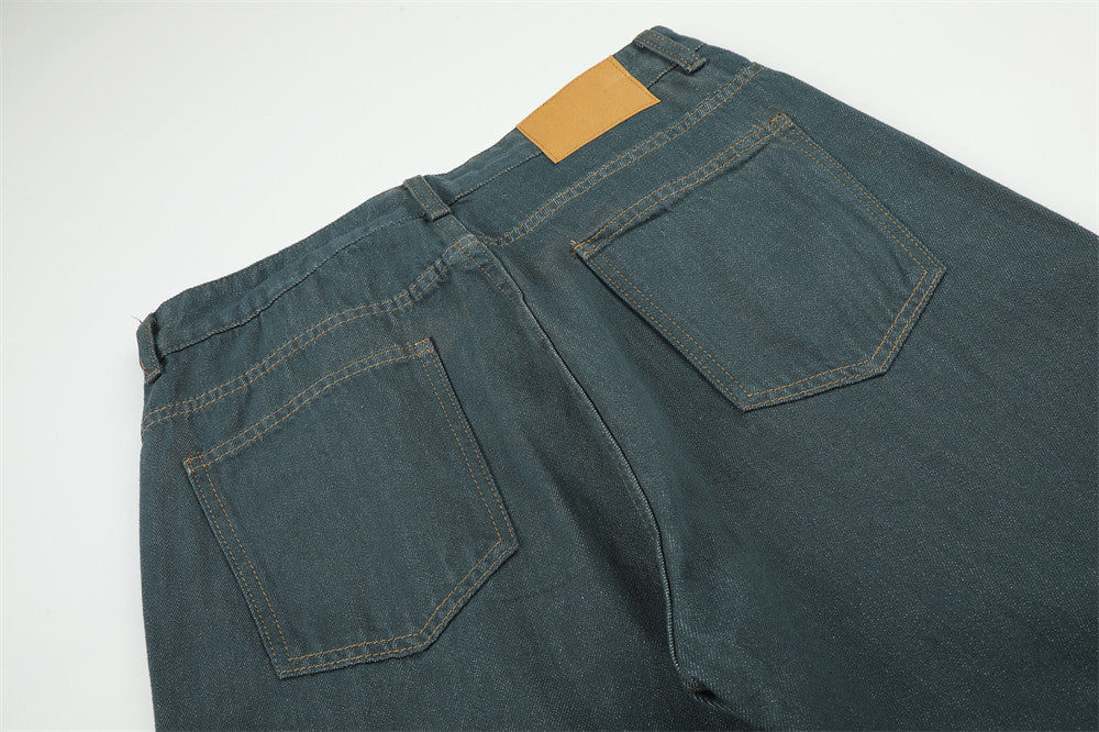 Jeans larges homme – Pantalon droit en denim vert canard à braguette boutonnée
