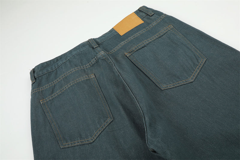 Jeans larges homme – Pantalon droit en denim vert canard à braguette boutonnée