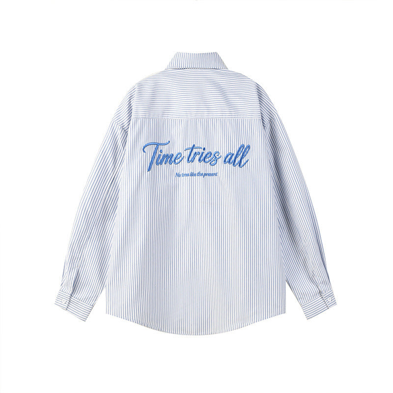 Men's Vertical Stripe Oversized Long-Sleeve Shirt with Embroidered Script