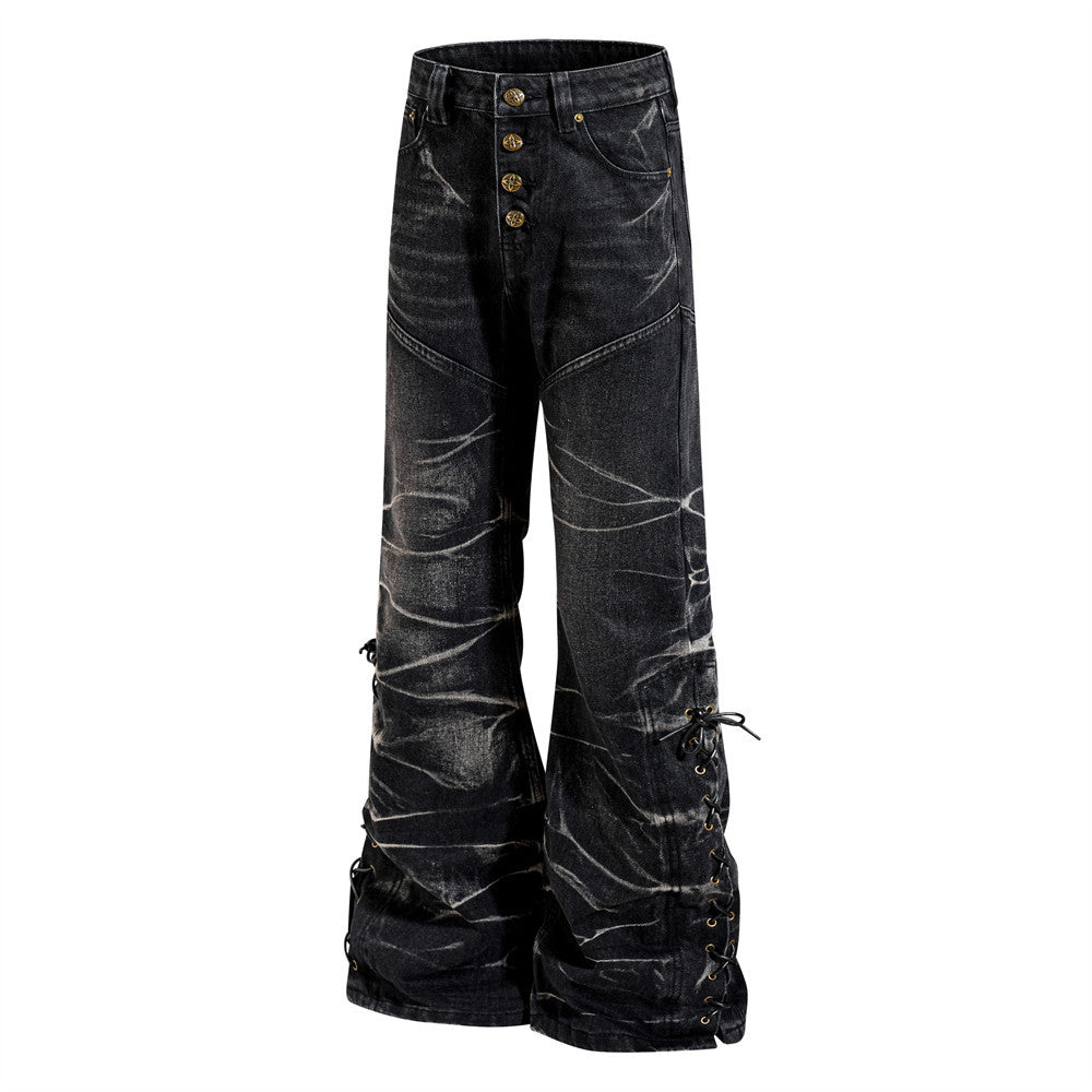 Men's Bell Bottom Jeans – Black Acid Wash Flare Leg with Lace-Up Hem & Button