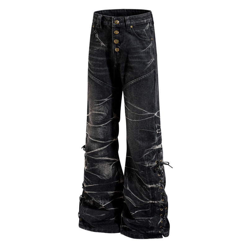 Men's Bell Bottom Jeans – Black Acid Wash Flare Leg with Lace-Up Hem & Button