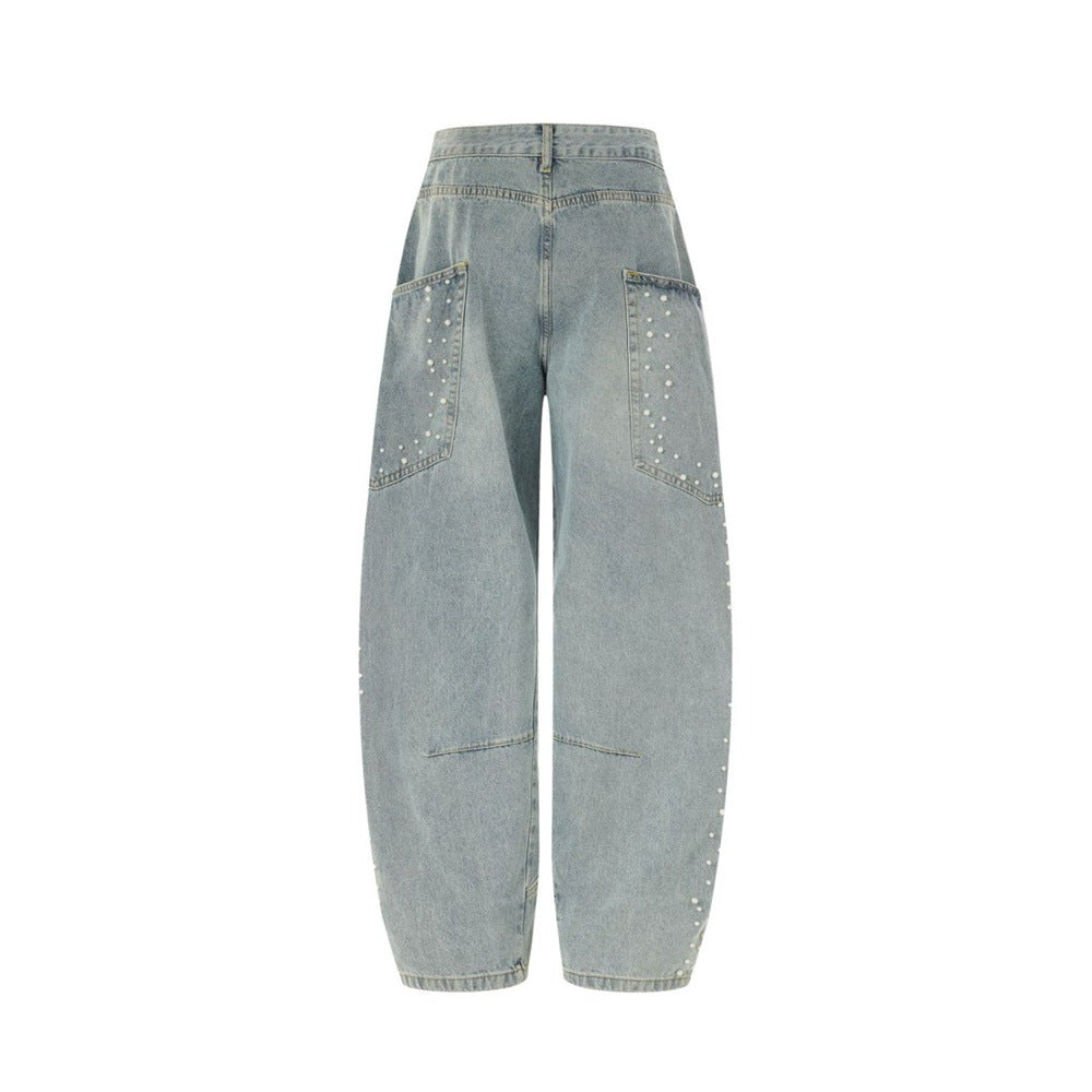 Pearl-Studded Wide-Leg Denim Cargo Jeans – Vintage Washed Scimitar Cut