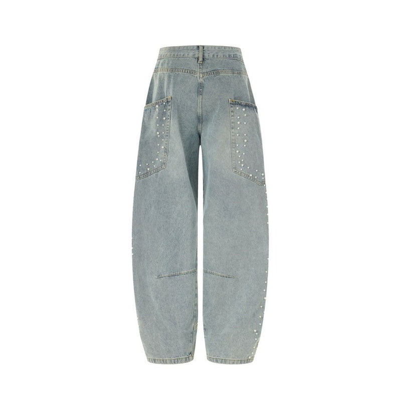 Pearl-Studded Wide-Leg Denim Cargo Jeans – Vintage Washed Scimitar Cut