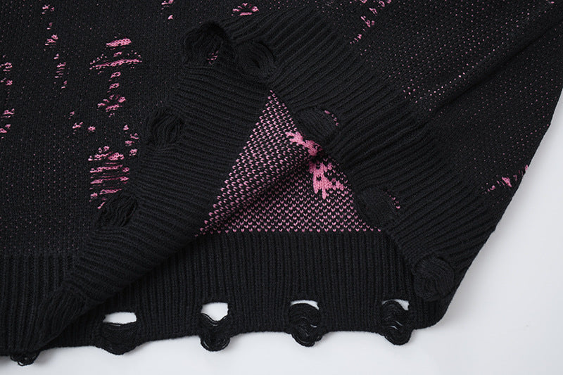 Distressed-Jacquard-Strickpullover mit Rundhalsausschnitt – Oversize-Streetwear