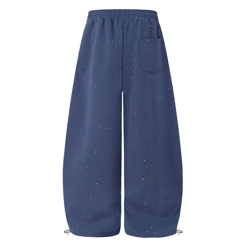 Men's Wide-Leg Sweatpants with Rhinestone Script & Glitter Fabric