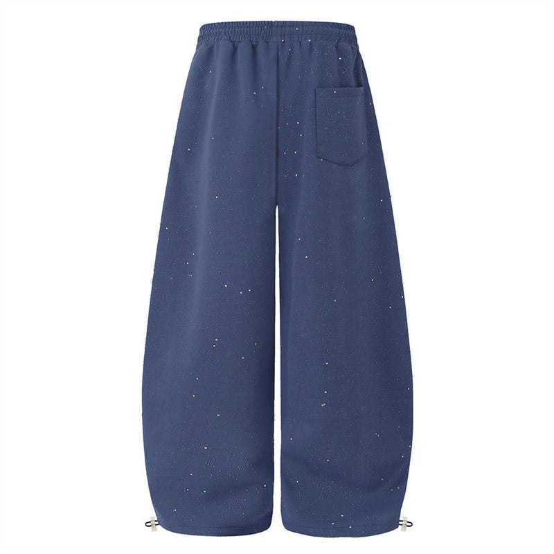 Men's Wide-Leg Sweatpants with Rhinestone Script & Glitter Fabric