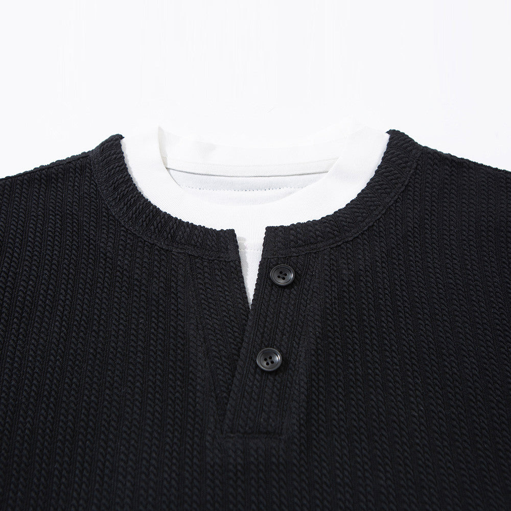 Men's Striped Long Sleeve Shirt – Ribbed Texture Faux-Layered Henley Top
