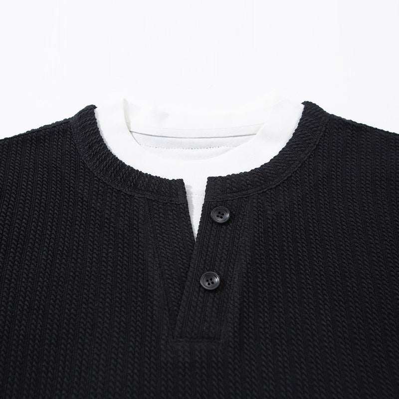 Men's Striped Long Sleeve Shirt – Ribbed Texture Faux-Layered Henley Top