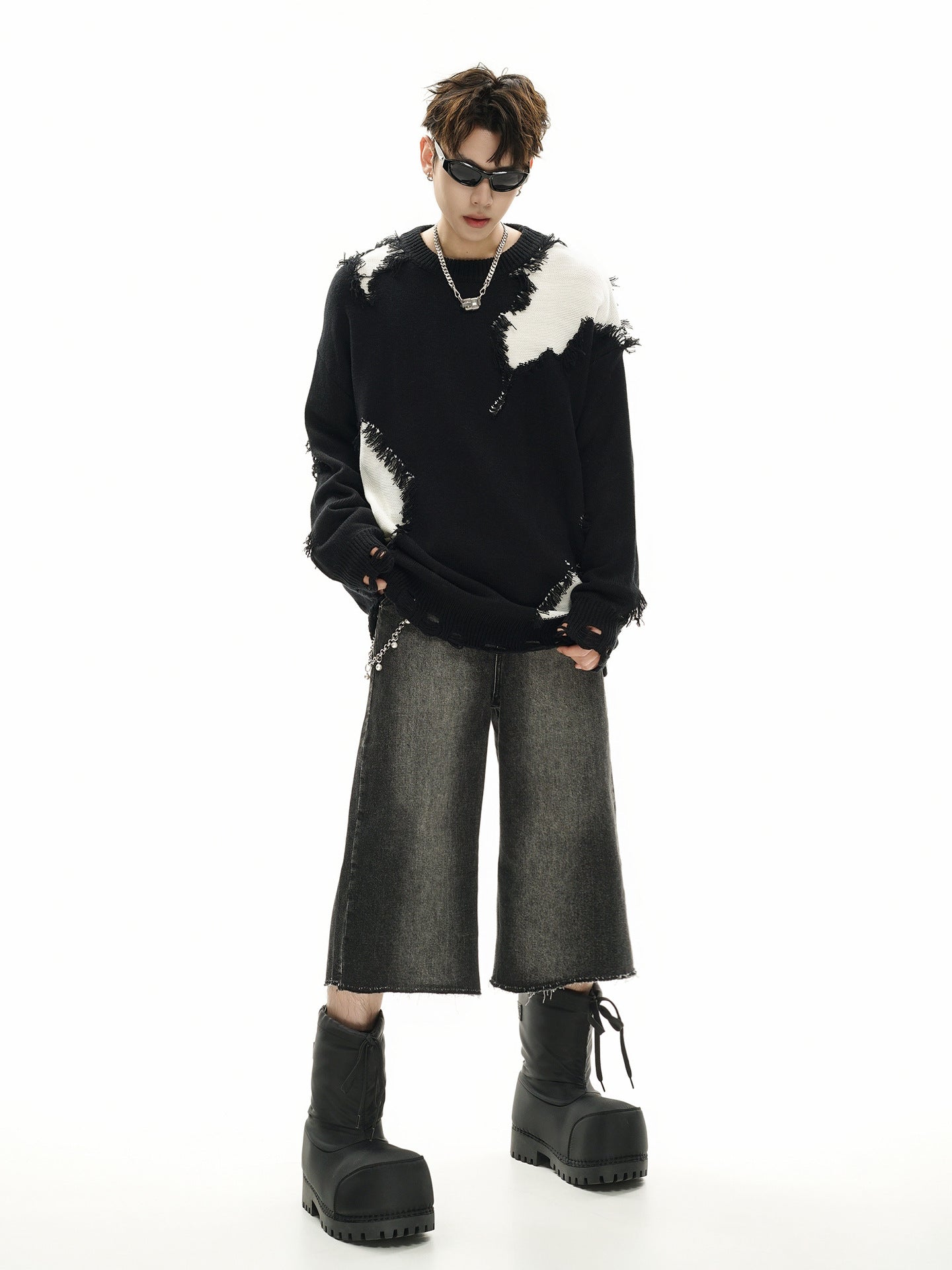 Pull en maille color block effet usé – Pull oversize à franges, style high-street