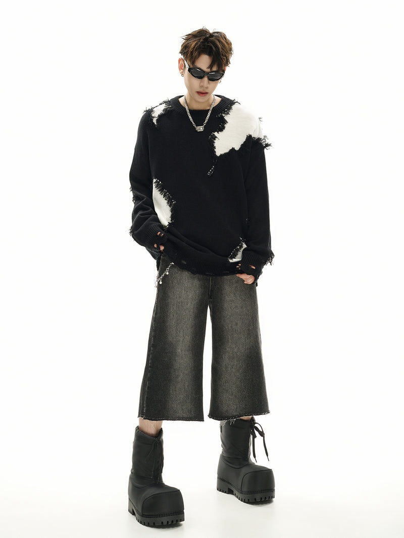 Pull en maille color block effet usé – Pull oversize à franges, style high-street