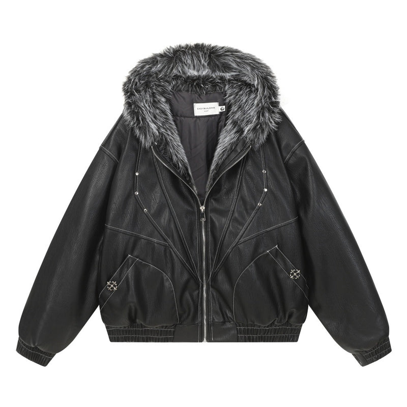 Men's Studded Deconstructed PU Leather Hooded Jacket with Faux Fur Collar