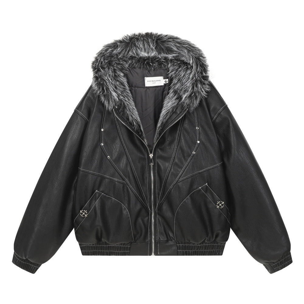 Men's oversized black PU leather hooded bomber jacket with faux fur collar trim and silver rivet detailing