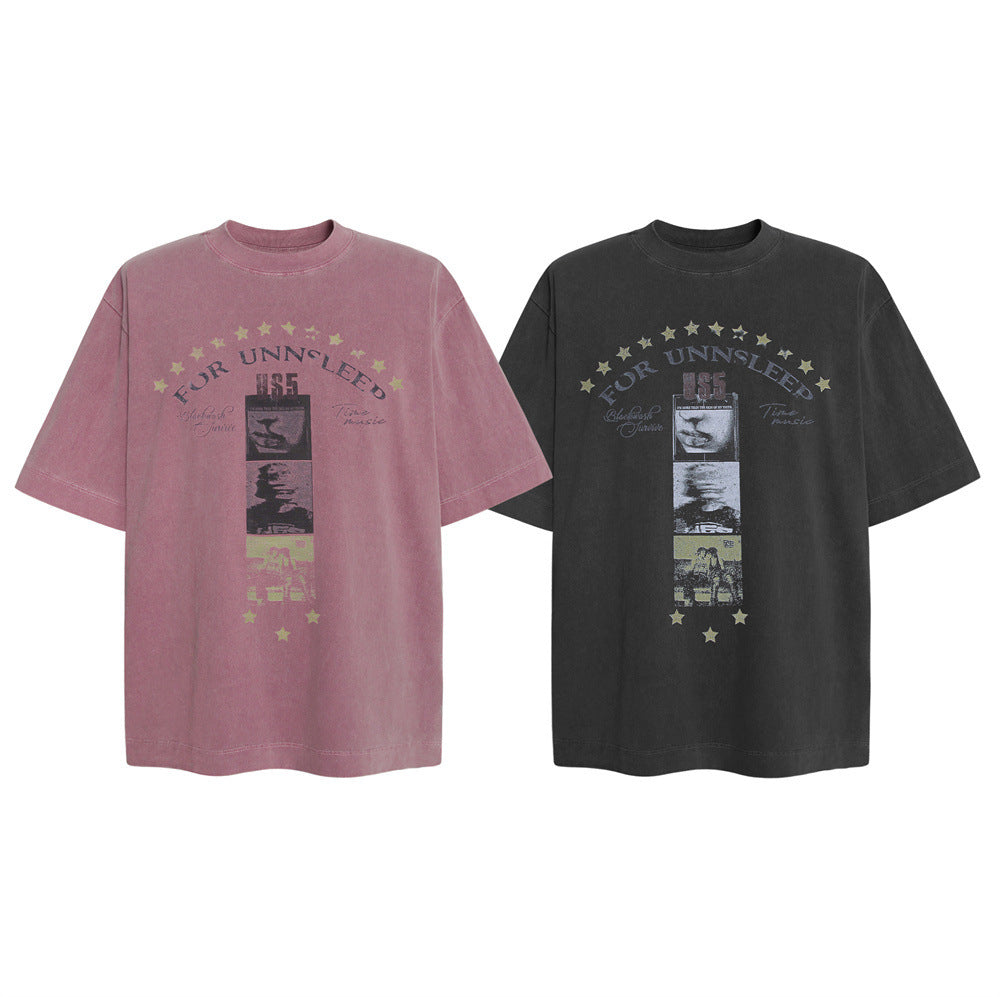 Oversized washed graphic t-shirt with arched For Unnsleep star print and distressed photo imagery on chest, shown in washed b