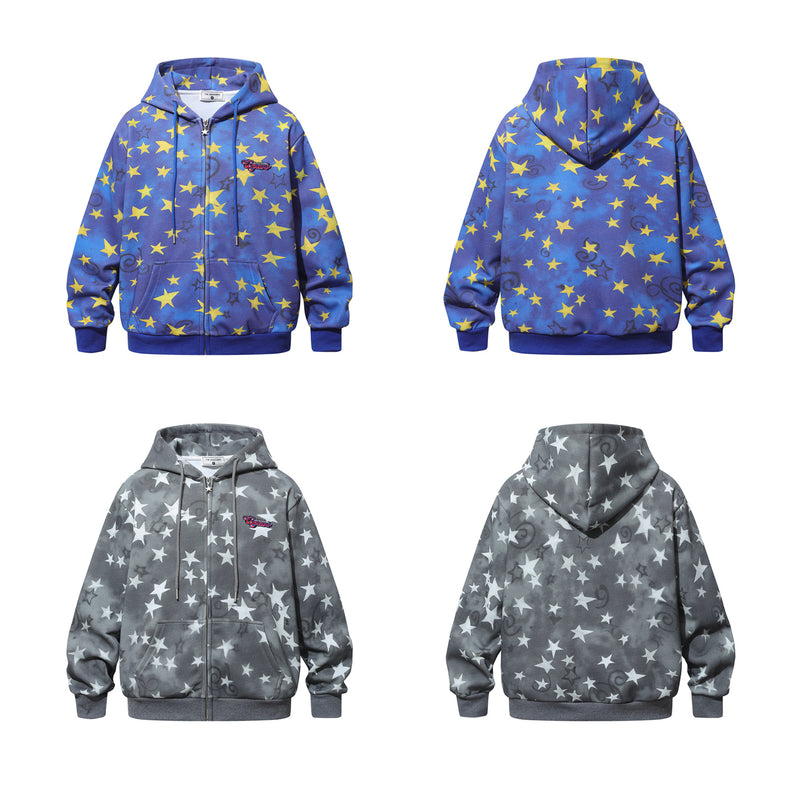 Thick Zip-Up Hoodie Allover Star Print with Embroidered Script Logo