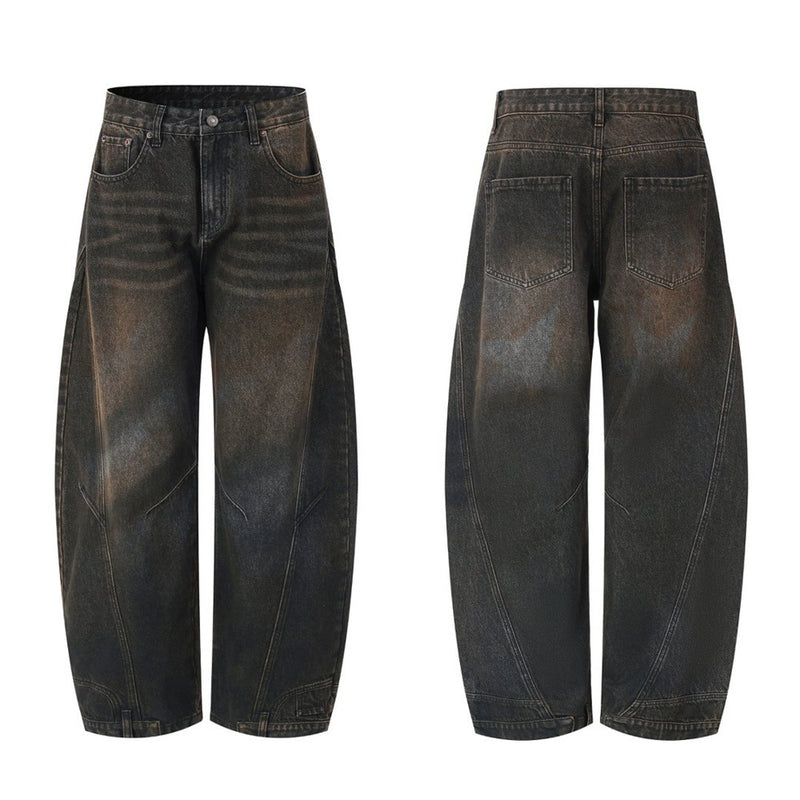 Men's baggy barrel-leg distressed jeans with curved seam detailing shown in washed black colorway, front and back view