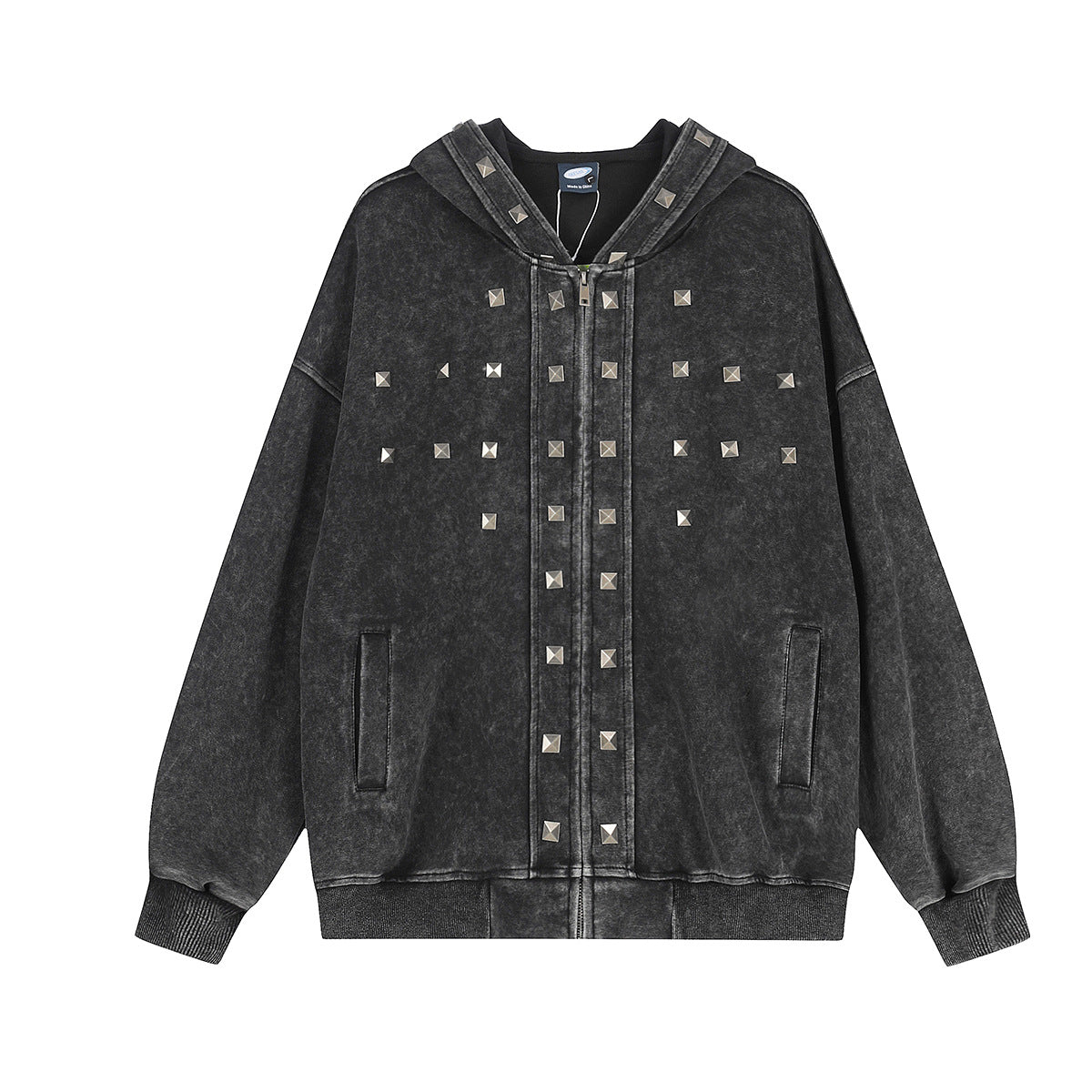 Washed black oversized zip-up hoodie with silver pyramid studs on chest and zipper placket, front and back view