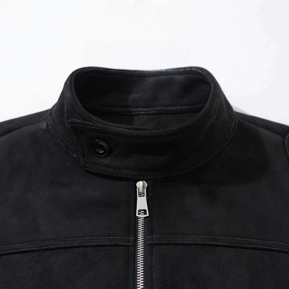 Men's Black Suede-Texture Zip-Up Moto Jacket – Structured Paneling, Stand Collar