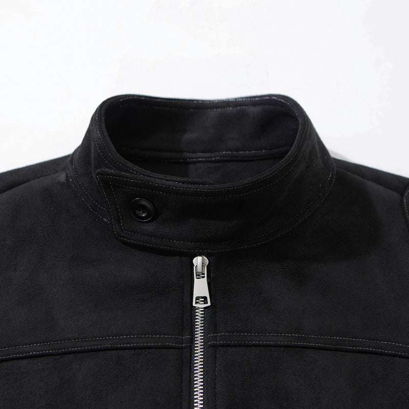 Men's Black Suede-Texture Zip-Up Moto Jacket – Structured Paneling, Stand Collar