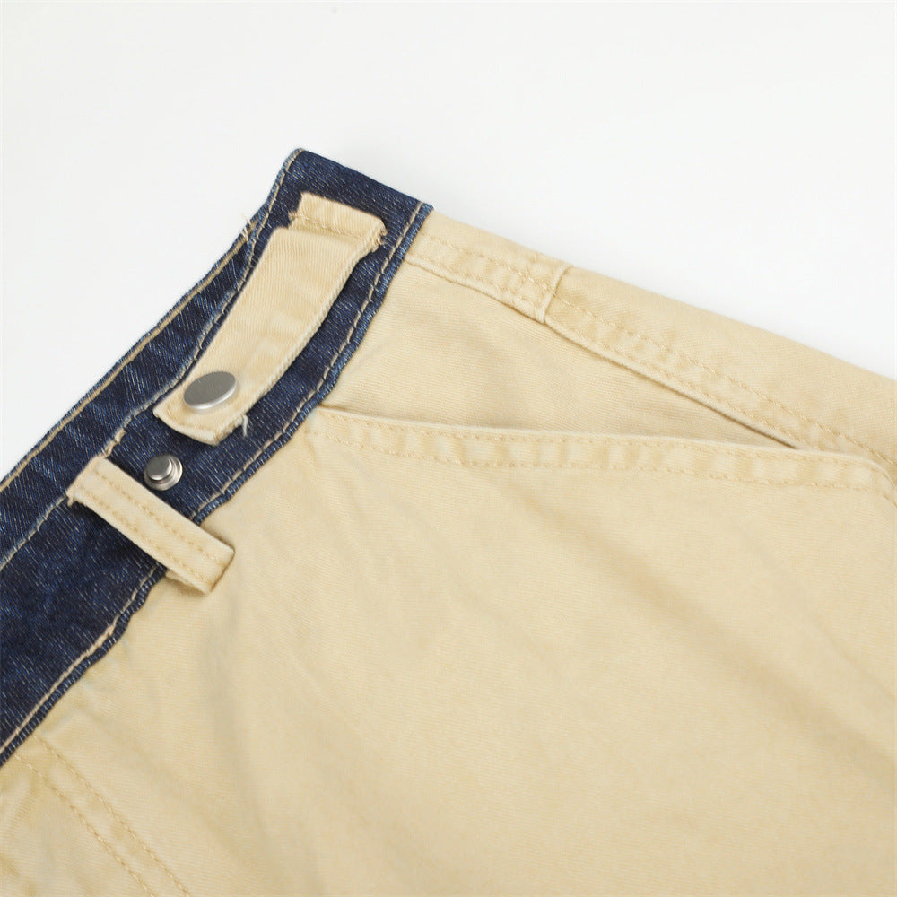 Herren-Cargohose in Khaki mit weitem, geradem Bein und kontrastierendem Denim-Bund