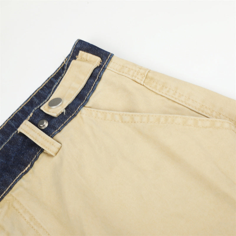 Herren-Cargohose in Khaki mit weitem, geradem Bein und kontrastierendem Denim-Bund