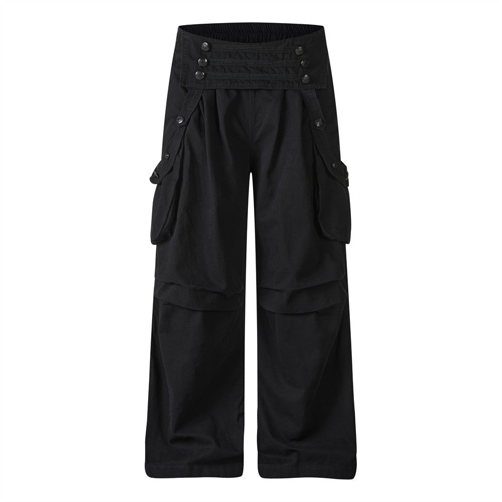 Pantalon cargo homme noir wide leg avec taille effet double boutonnage et multiples poches