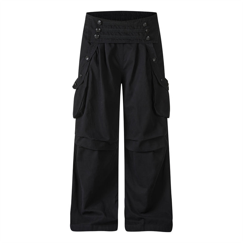 Pantalon cargo homme noir wide leg avec taille effet double boutonnage et multiples poches