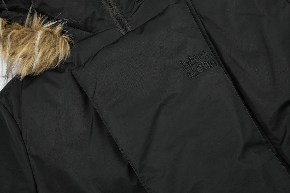 Fur-Trim Hooded Bomber Down Jacket – Oversized Fit with Stand Collar