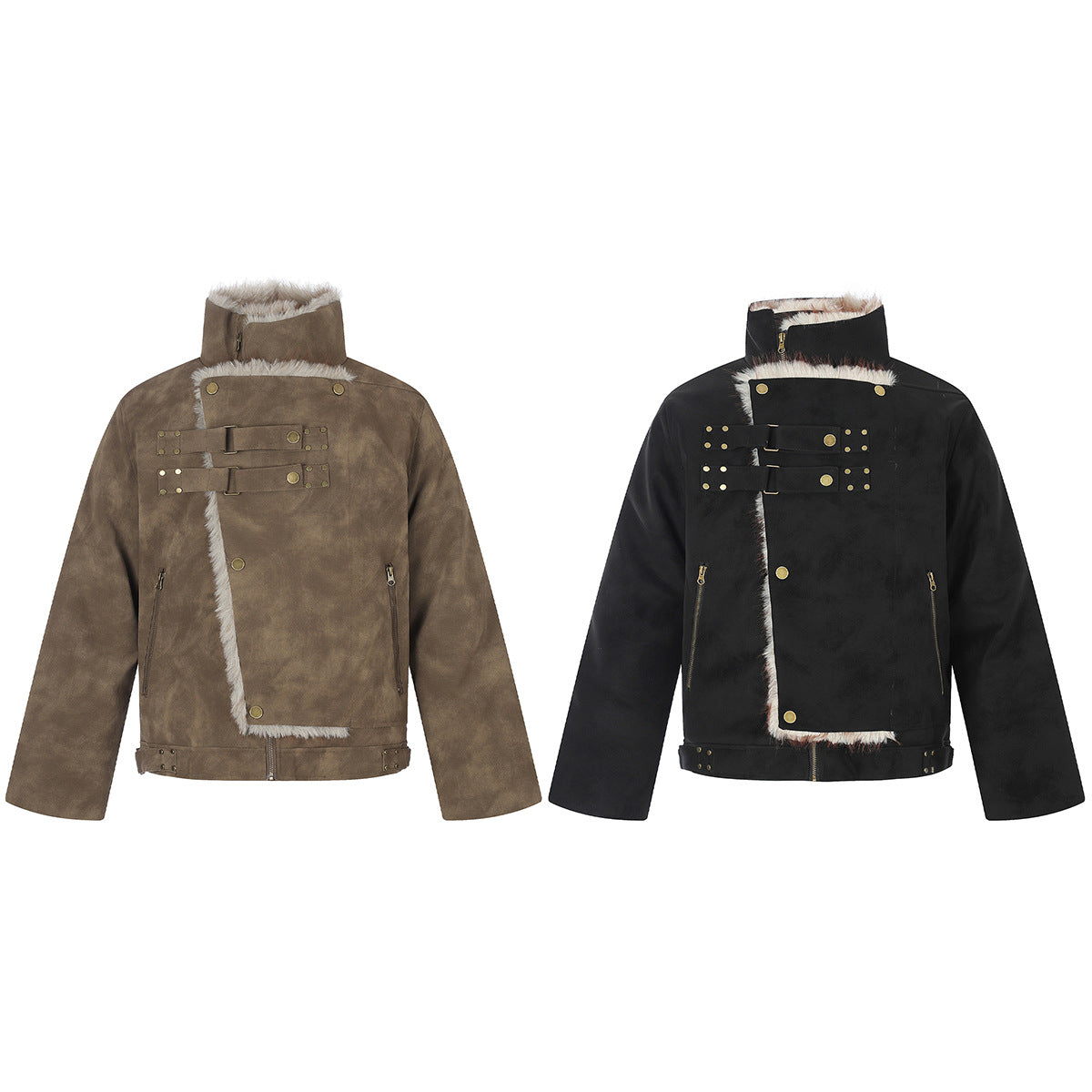 Faux Suede Shearling-Lined Moto Jacket with Buckle Straps