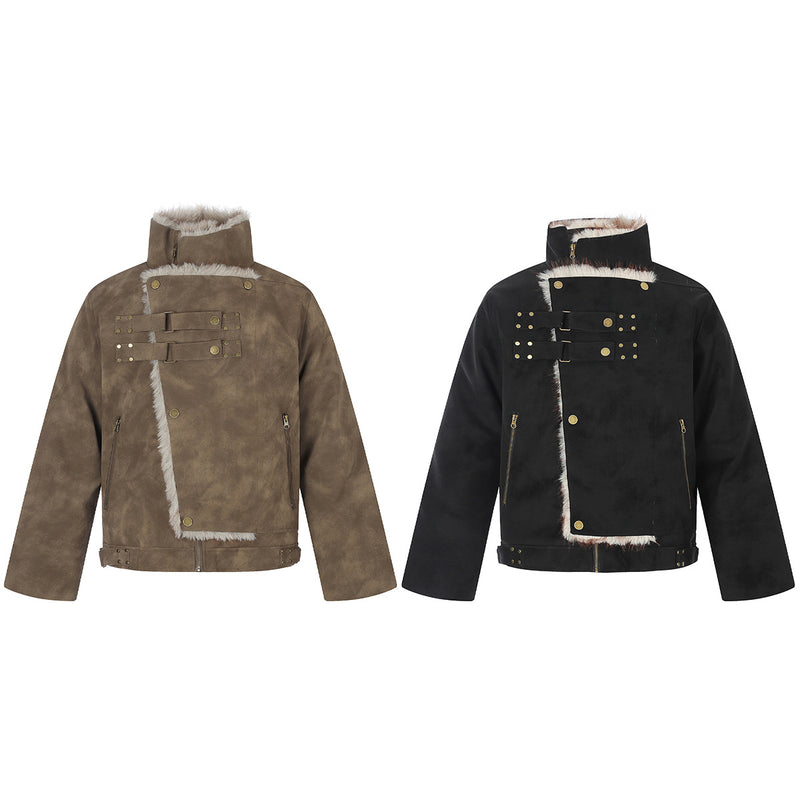 Faux Suede Shearling-Lined Moto Jacket with Buckle Straps