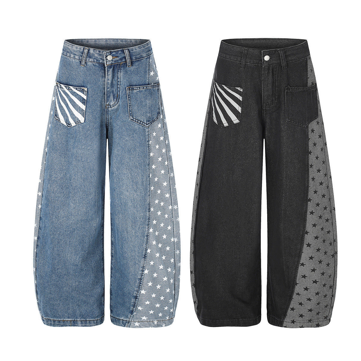 Baggy Patchwork-Jeans mit weitem Bein, Panel mit Sternprint und gestreifter Tasche aus blauem und schwarzem Denim