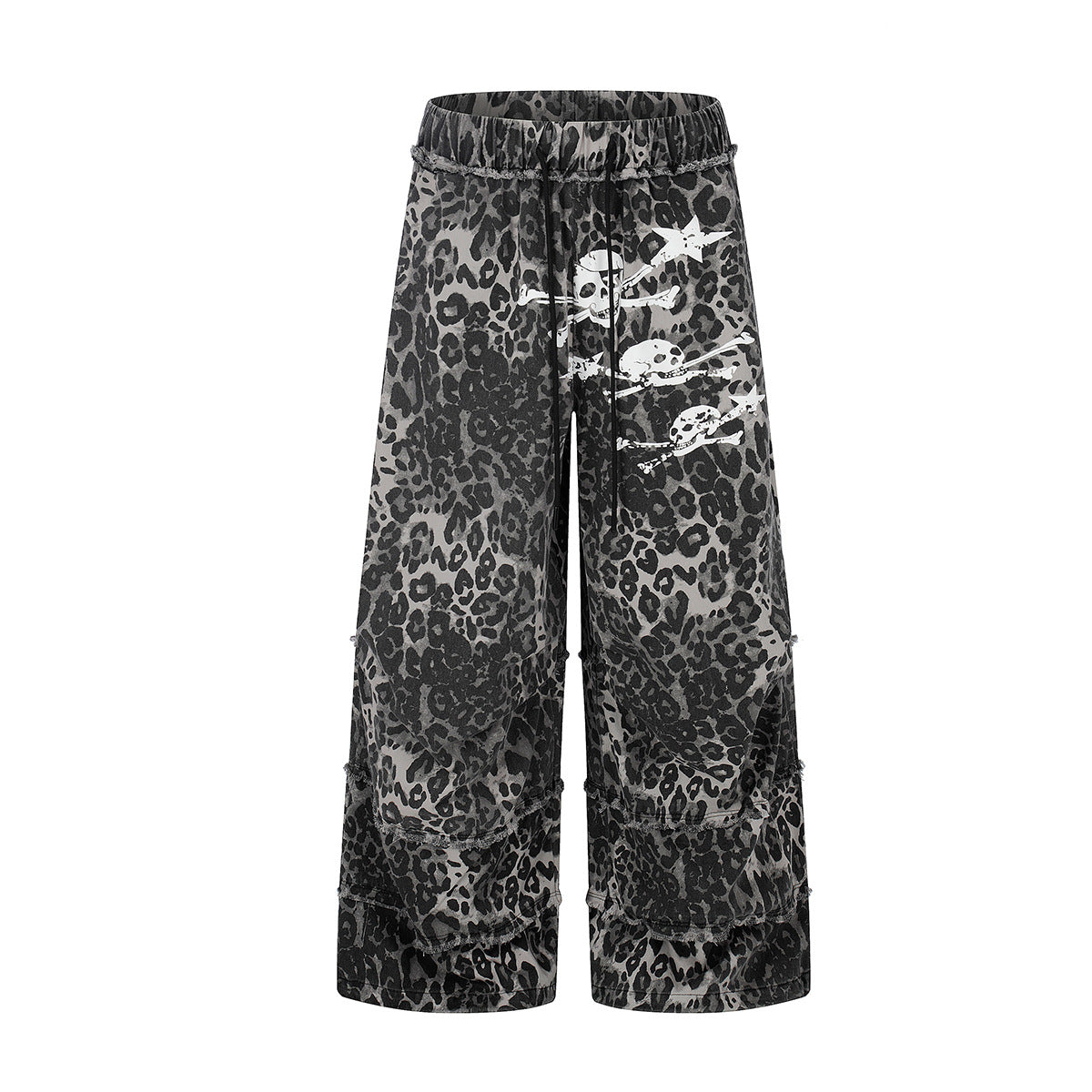 Grey leopard print wide-leg pants with white skull and crossbones graphic on front thigh and layered raw-edge hem
