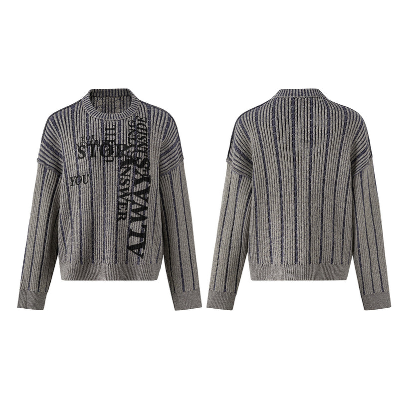 Striped Letter Print Crew Neck Pullover Sweater