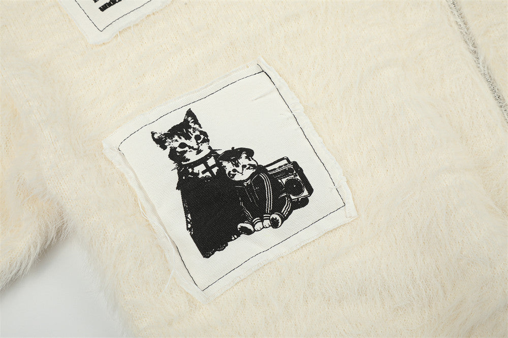 Fuzzy Knit Zip-Up Hoodie with Animal Patches – Streetwear Cardigan