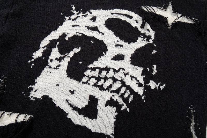 Men's Skull Jacquard Distressed Knit Sweater – Oversized Crewneck