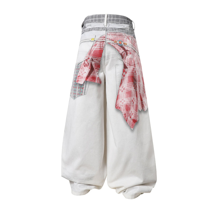 Pantalon ballon à jambes larges avec empiècement à carreaux patchwork – Blanc oversize streetwear