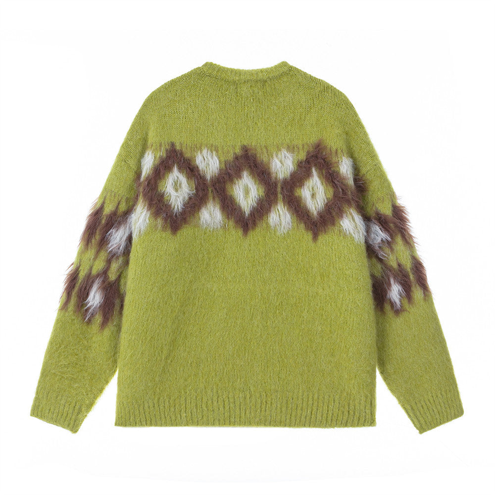 Diamond Jacquard Fringe Crewneck Sweater – Oversized Knit Pullover