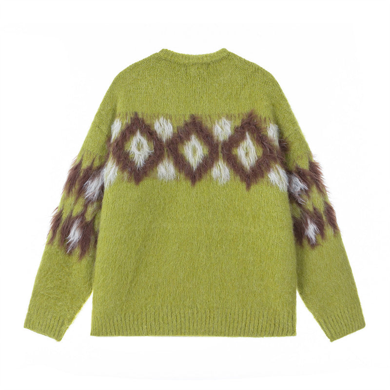 Diamond Jacquard Fringe Crewneck Sweater – Oversized Knit Pullover