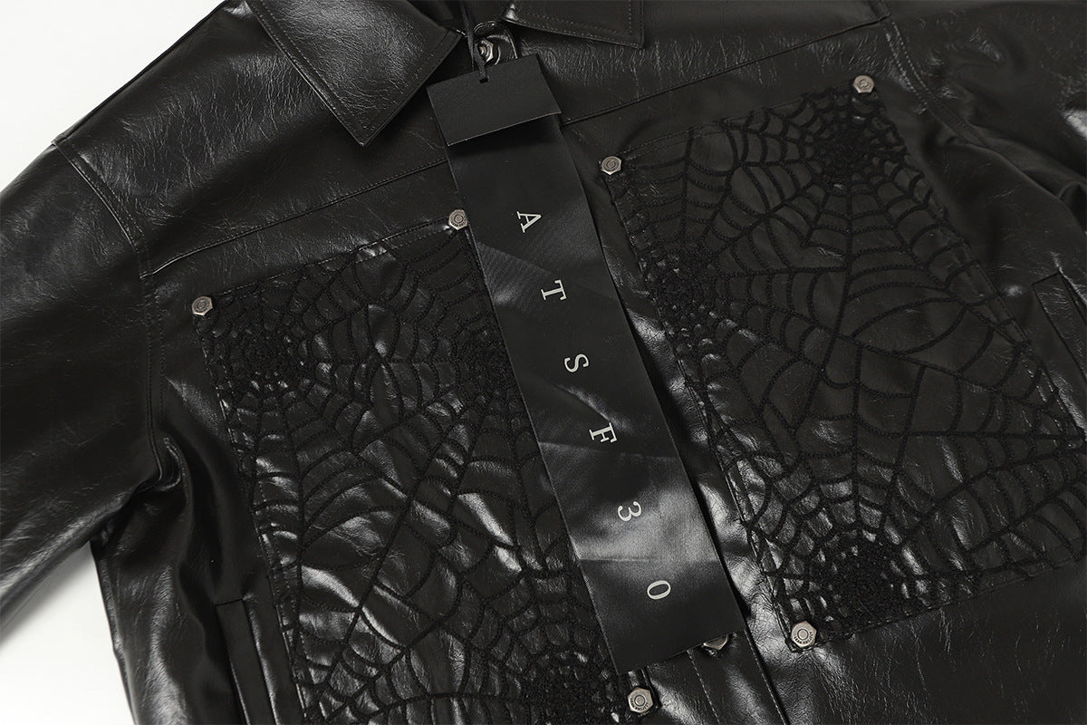Spiderweb Embroidered PU Leather Jacket – Oversized Moto Fit
