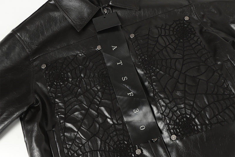 Spiderweb Embroidered PU Leather Jacket – Oversized Moto Fit