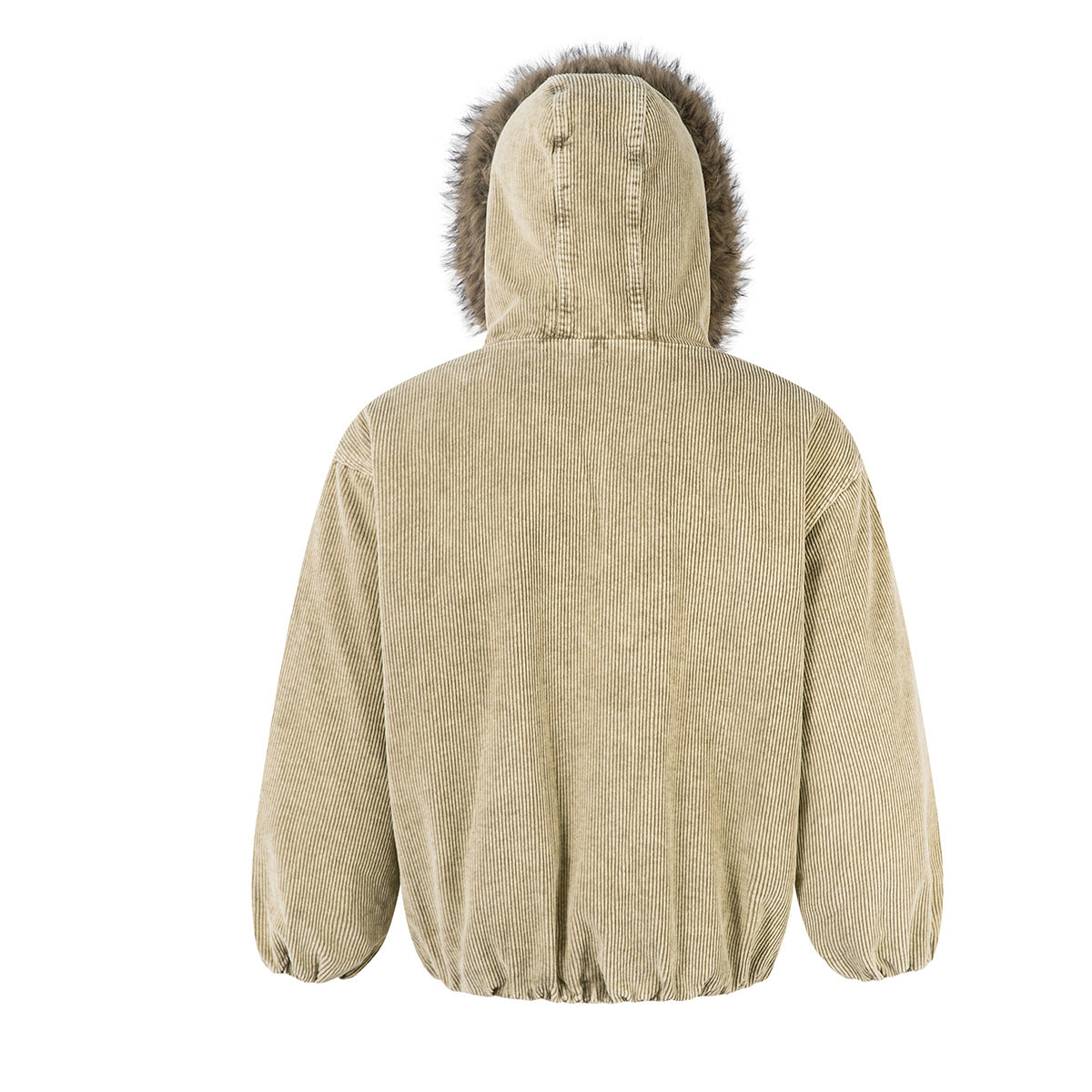 Corduroy Padded Jacket with Faux Fur Hood – Oversized Washed Winter Coat
