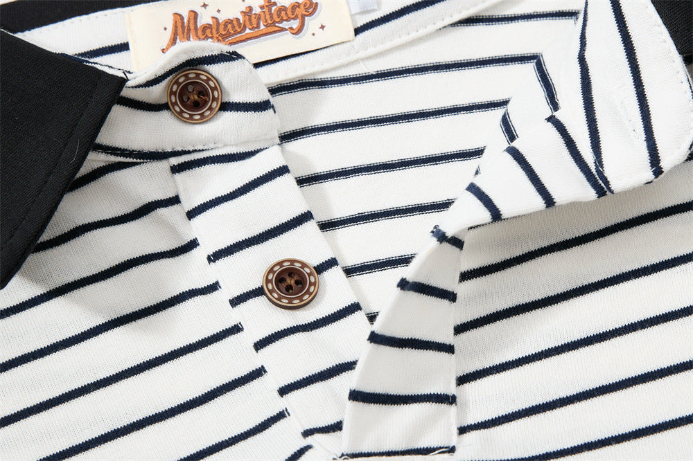 Striped Long Sleeve Shirt Mens Polo — Varsity Embroidery, Relaxed Fit