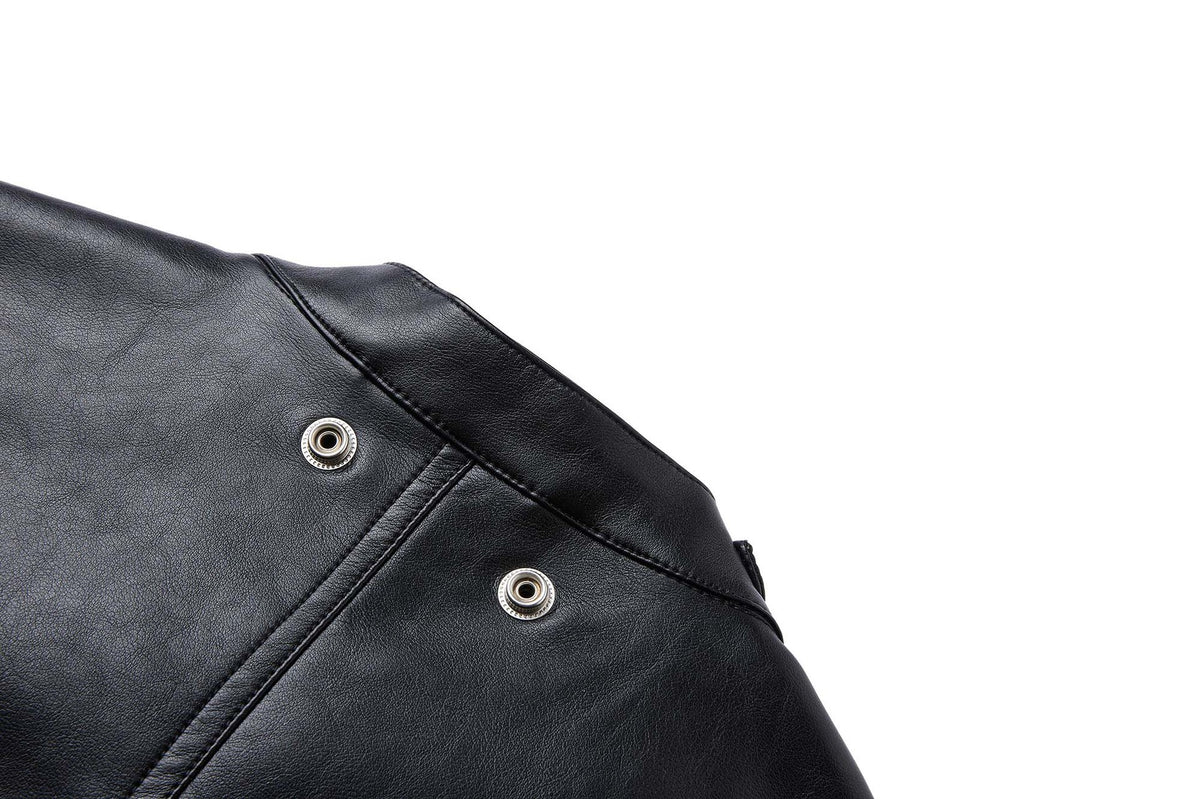 Black PU Leather Moto Jacket – Vintage Biker Style with Stand Collar & Silver