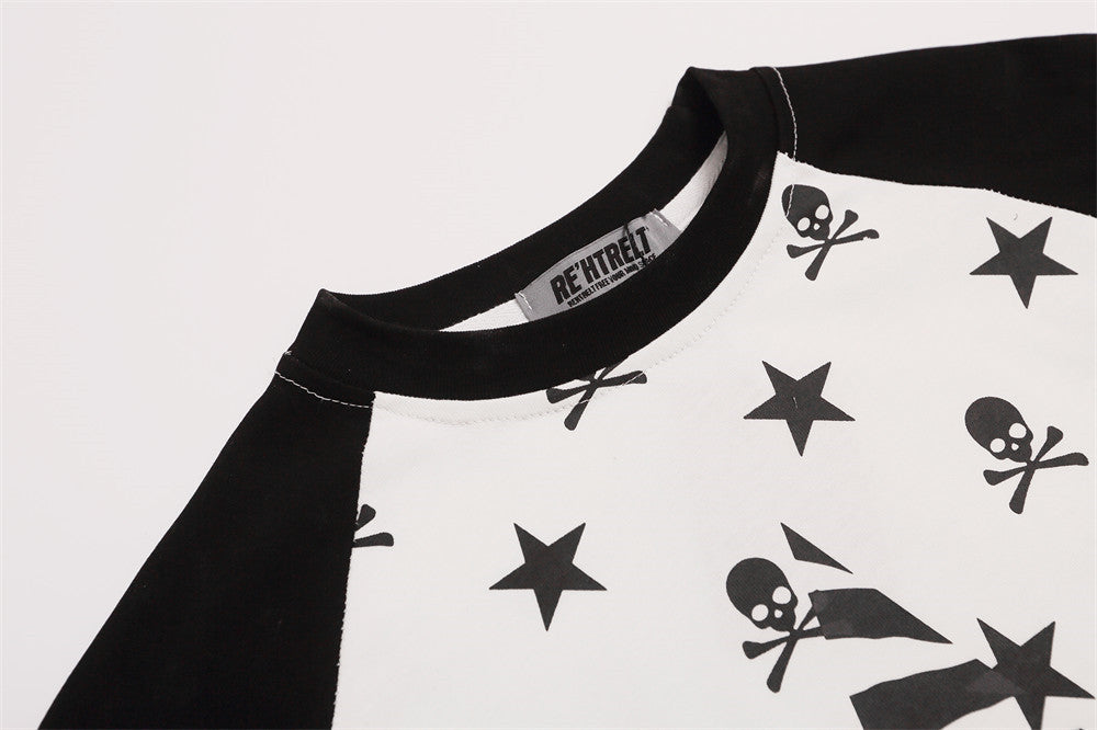 Skull & Star Print Raglan Long Sleeve Graphic Tee – Hip-Hop Color Block