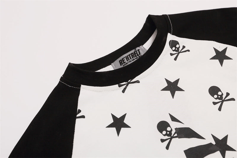 Skull & Star Print Raglan Long Sleeve Graphic Tee – Hip-Hop Color Block